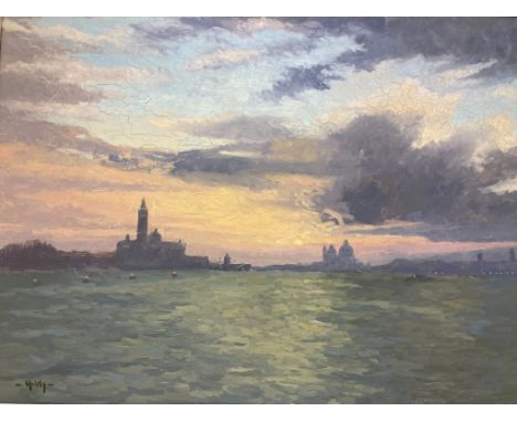 Julian Halsby, Last Light, Venice, oil on board, signed, 29 x 39 cm, and a landscape, oil on board, 24 x 28 cm 