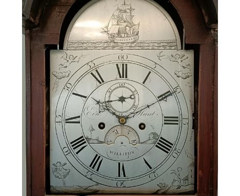 A longcase clock, the 30 cm arched square silvered dial, signed E D W Hunt, Williton, the chapter ring with Roman numerals, t