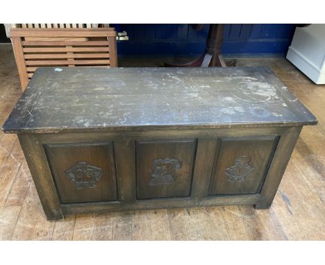 An oak coffer, 110 cm wide, a mirror, a trunk, a side table, a folding card table, a mahogany table, and two chairs (8) 