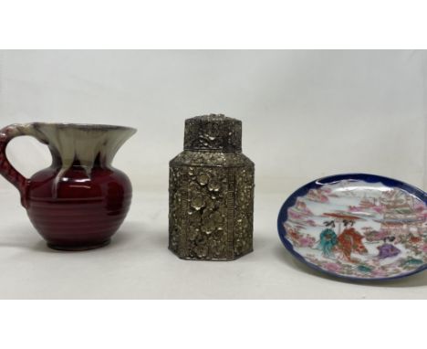 A silver plated tea caddy, assorted ceramics, glass and other items (4 boxes) 