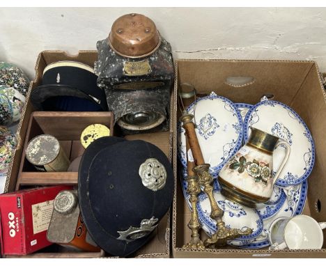 An Adlake lamp, a pair of candlesticks, a part dinner service, and other items (2 boxes) 