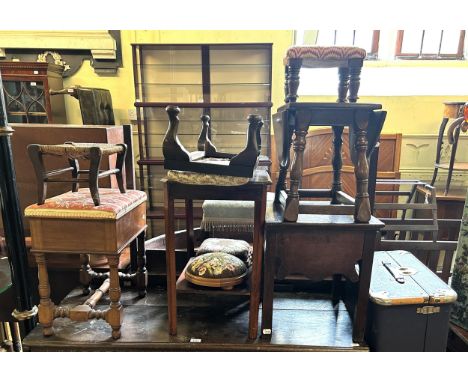 A trunk, a two tier table, a wine table, a glazed bookcase, seven stools, and two side tables (13) 
