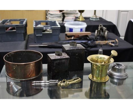 19th century bell metal pestle and mortar, together with a 19th century pewter inkwell, two pewter shakers, a pair of William