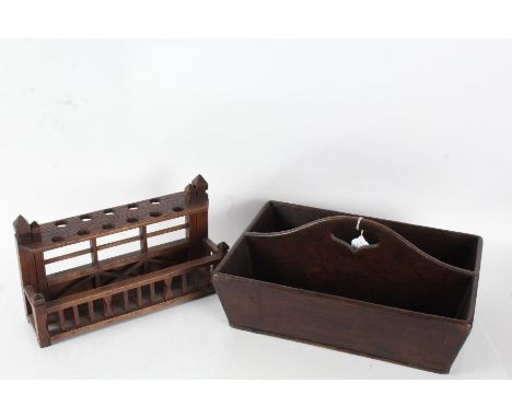 19th century two division cutlery tray, together with an oak pipe stand (2)