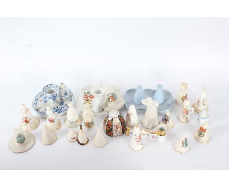 Collection of porcelain candle snuffers, to include crested examples, Royal Worcester 'English Garden', Meissen style chamber