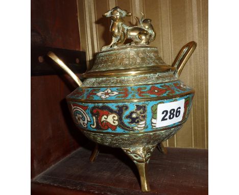 Chinese cloisonne censer and cover with Foo dog finial