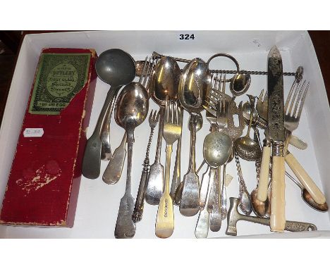Assorted silver-plate cutlery inc silver handled pickle fork etc.