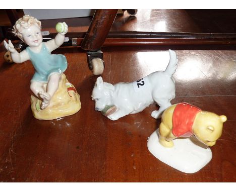 Royal Copenhagen china figurine of a dog with slipper No. 3476, a Royal Worcester figurine of "Sundays Child" and a Royal Dou