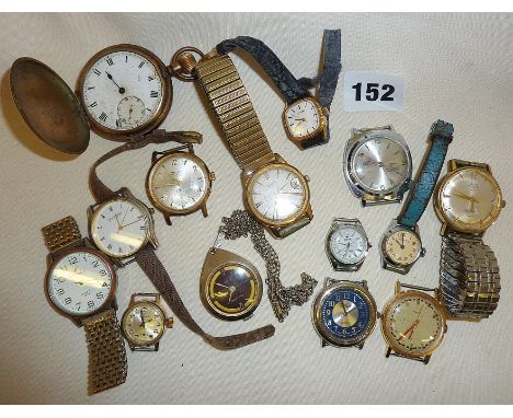 Collection of vintage wrist watches and one pocket watch by Elgin. Makers include Avia, MuDu, Ingersoll, Timex, Citizen, Luce