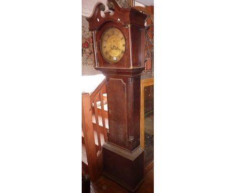 19th c. 8 day Grandfather clock in oak case having circular brass dial with swan neck top, made by J.J. Greenhough of Criggle
