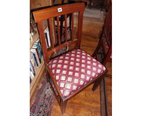 Pair of 19th c. mahogany dining chairs with top rail above stick splats and upholstered drop in seats