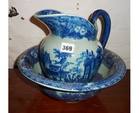 Reproduction Staffordshire blue and white jug and basin