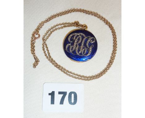 Early 20th c. enamelled gold (untested) locket with bejewelled monogram and portrait miniature of young boy inside (enamel A/