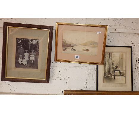 19th c. watercolour of a rowing boat race across a lake, an Edwardian photograph of a family group in a garden with swing, an