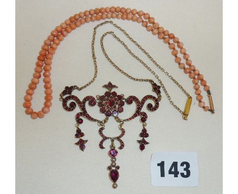 Antique Victorian Bohemian gold? garnet or ruby necklace, and another with pink coral beads