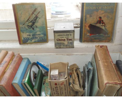 Assorted books, drawing instruments, old tins etc, and a quantity of boxed lamp mantles