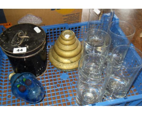 Continental light bulb with glowing crucifix inside, Victorian japanned tin, brass weights and five heavy glass tumblers