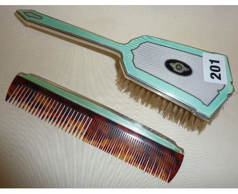 Art Deco guilloche enamel ladies' silver hairbrush with tortoiseshell comb