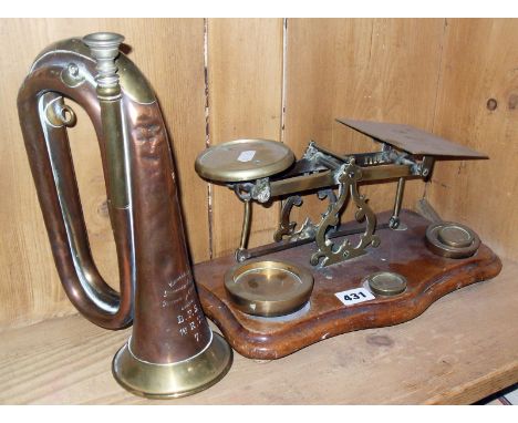 Antique brass letter scales on wooden base with brass weights and a copper and brass bugle by Hawkes & Son, London, inscribed
