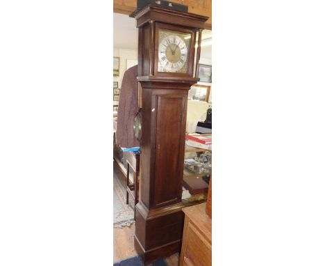 19th c. 30 hour Grandfather clock in oak case with brass dial and silvered chapter ring by Thorne of Tiverton