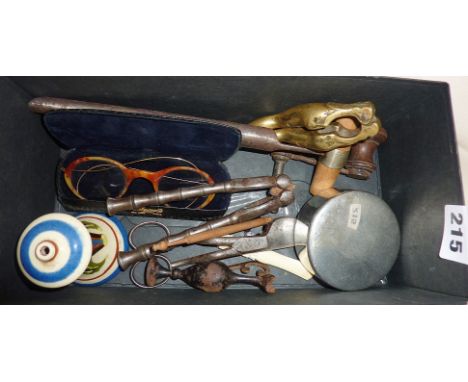 Box of assorted tools, nutcrackers, spectacles, etc.