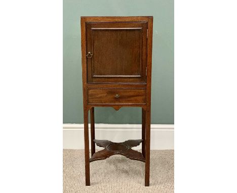 GEORGIAN MAHOGANY NIGHT STAND - having a single cupboard door over a single frieze drawer, with shaped conjoining under tier 