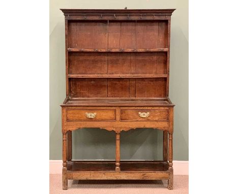 19th CENTURY OAK POTBOARD DRESSER - neatly proportioned having a wide boarded back, two shelf rack with hanging hooks to the 