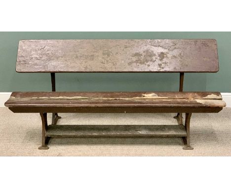 VINTAGE METAMORPHIC SCHOOL BENCH/DESK - on cast iron supports, 85cms H, 183cms W, 65cms D maximum