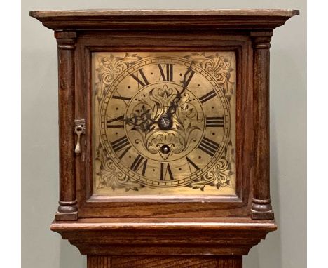 SLIM CASED OAK GRANDMOTHER CLOCK - square brass dial set with Roman numerals, 161cms H, 28cms W, 19cms D