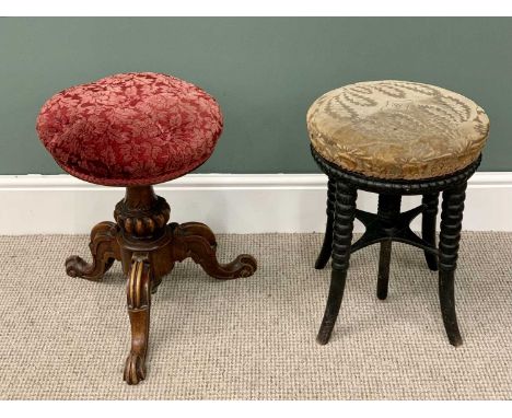 VICTORIAN RISE &amp; FALL PIANO STOOLS (2) - both circular topped, to include a carved column walnut example on a tripod base