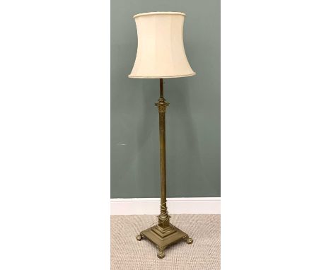 VINTAGE CORINTHIAN COLUMN BRASS RISE &amp; FALL STANDARD LAMP - on a square stepped base with paw feet, now converted for ele