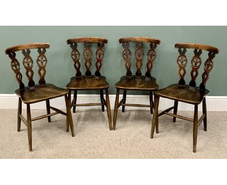 ERCOL DINING CHAIRS - set of four, having triple splatbacks with fleur-de-lys roundels, solid wood seats, on turned supports,