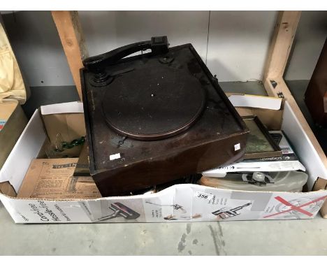 A mixed lot including art deco shades, record player a/f, cigarette box, silk embroidered picture etc.,