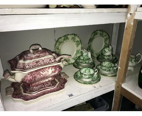 A large lidded Mason's tureen on stand with ladle and a vintage tea set.