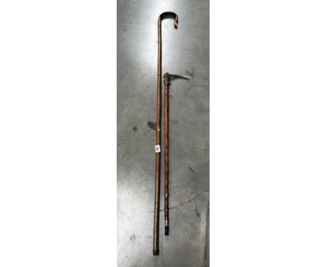 A shepherd's crook and a horn handled walking stick.