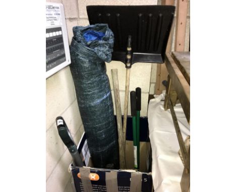 A quantity of garden tools, snow shovel, garden parasol etc.,