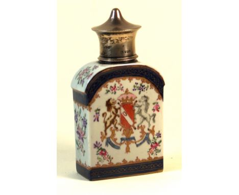 An early 20th Century porcelain tea caddy 
Possibly Sampson, having hand-painted decoration of a central coat of arms surroun