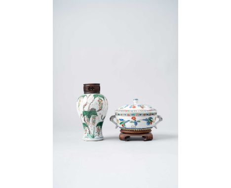 NO RESERVEA CHINESE FAMILLE VERTE VASE AND AN ECUELLE AND COVER KANGXI 1662-1722  The écuelle and cover decorated with leafy 