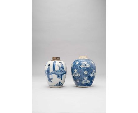NO RESERVETWO CHINESE BLUE AND WHITE OVOID JARS KANGXI 1662-1722  One painted with three beautiful maidens in a garden, the o