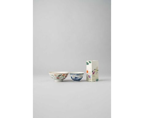 NO RESERVETHREE CHINESE PORCELAIN ITEMS QING DYNASTY  Comprising: a famille rose square-section brushpot painted with nine bo
