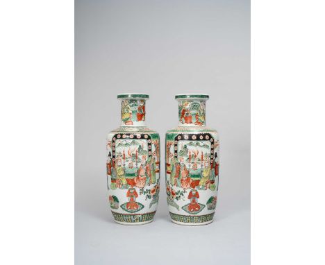 A PAIR OF CHINESE FAMILLE VERTE 'FIGURAL' ROULEAU VASES19TH/20TH CENTURYEach cylindrical body painted with a continuous scene