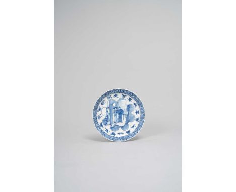 A CHINESE BLUE AND WHITE ‘ROMANCE OF THE WESTERN CHAMBER’ DISHKANGXI 1662-1722Painted with Zhang Sheng, Cui Yingying and Hong