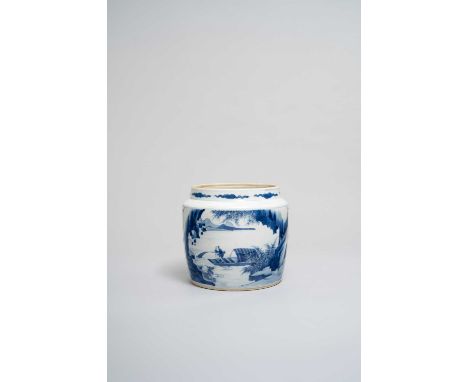 NO RESERVEA CHINESE BLUE AND WHITE CYLINDRICAL JAR KANGXI 1662-1722  Painted with a scene of a fisherman in a watery landscap