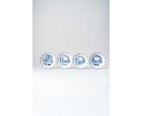 NO RESERVEA SET OF FOUR CHINESE BLUE AND WHITE MOULDED DISHES KANGXI 1662-1722  Decorated with scenes of ladies and boys in g