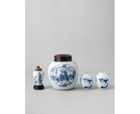 NO RESERVEFOUR CHINESE BLUE AND WHITE ITEMS KANGXI 1662-1722  Comprising: an ovoid jar decorated with quatrefoil panels of bo