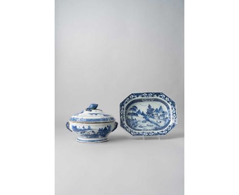 NO RESERVEA CHINESE BLUE AND WHITE OVAL TUREEN AND COVER QIANLONG 1736-95  Decorated with a watery landscape scene with pavil