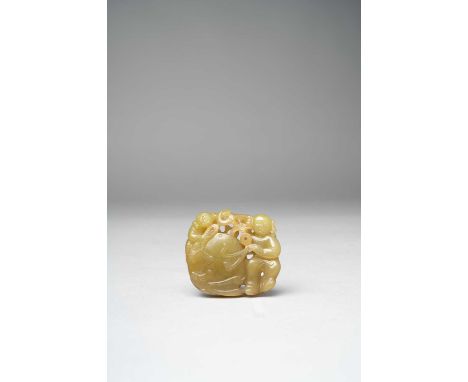 A CHINESE YELLOW JADE 'BOYS AND DRUM' GROUPQING DYNASTY OR LATERCarved in openwork with two boys joyfully playing a drum, one