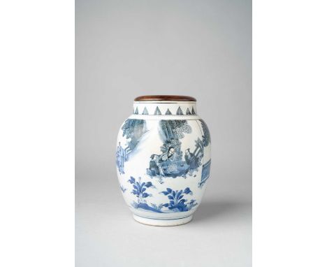 A LARGE CHINESE BLUE AND WHITE OVOID JARTRANSITIONAL PERIOD C.1640Painted with a continuous scene of scholars and their atten