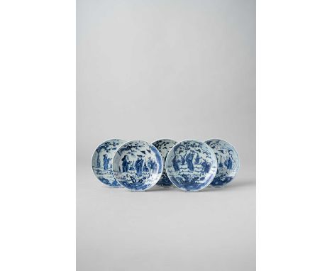 NO RESERVEA SET OF FIVE CHINESE BLUE AND WHITE 'FU LU SHOU' DISHES QING DYNASTY  Decorated to the interior with the Three Sta