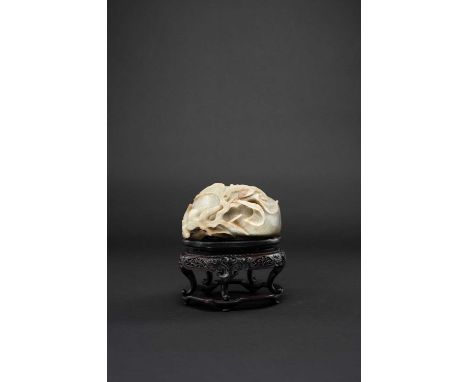 NO RESERVEA LARGE CHINESE GREY CELADON JADE 'PEACH AND BAT' WATERPOT LATE QING DYNASTY/20TH CENTURY  Formed as a slightly fla